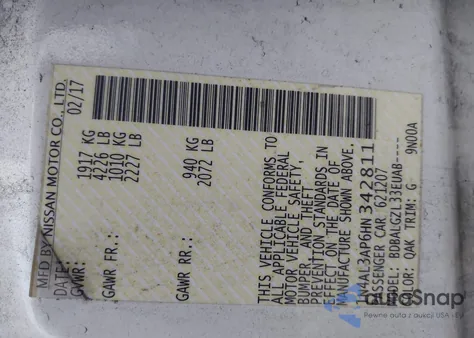 2017 Nissan Altima 2.5 S z USA, uszkodzony, nr VIN 1N4AL3AP6HN342811